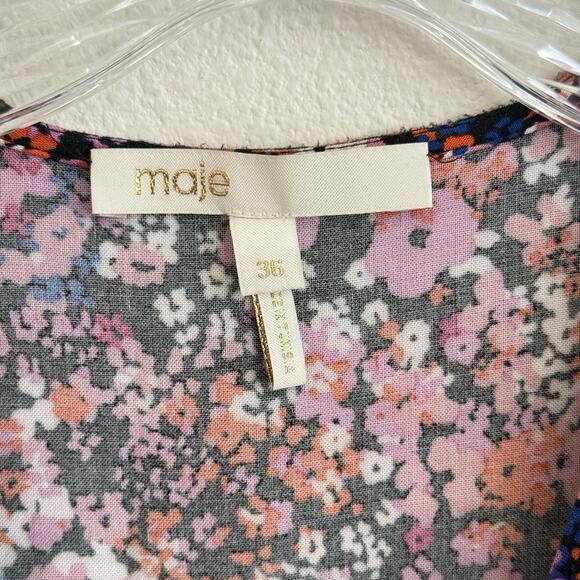 Maje Rayemi Midi Dress Size 36 Noir Rose Floral Print Asymmetric Girly Summer - Picture 6 of 16